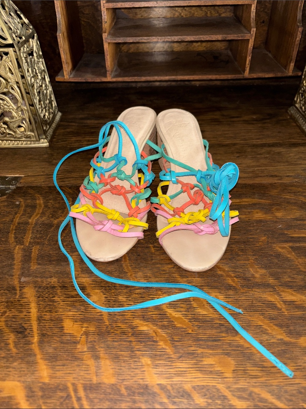 Multicolor Lace-Up Slide Sandals in Turquoise, Pink, Yellow, Orange